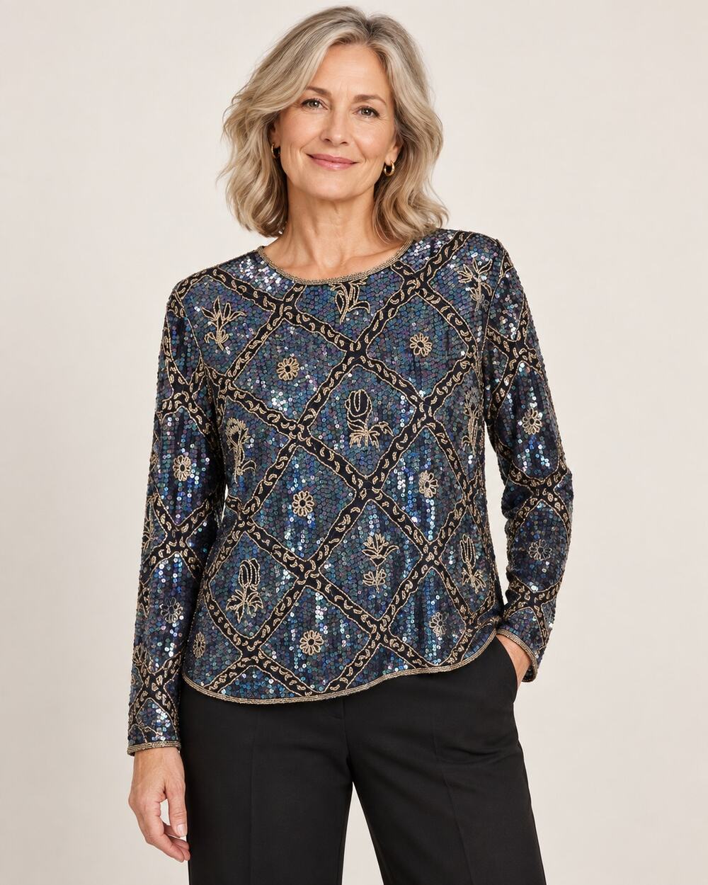 Vintage I. Magnin Silk Sequin Beaded Top M 38 Bust 1980s